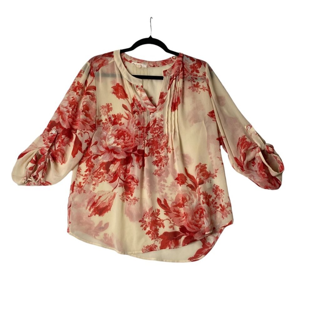 Creative Commune Woman Size L Sheer Floral Curved Hem Roll Tab Boho Blouse